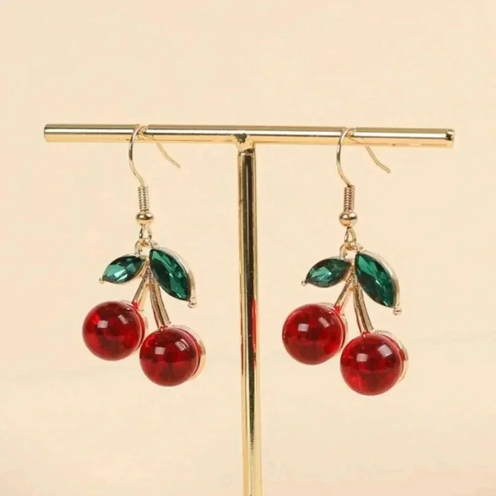 Red cherries green leaf dangle drop earrings date night spring summer Christmas